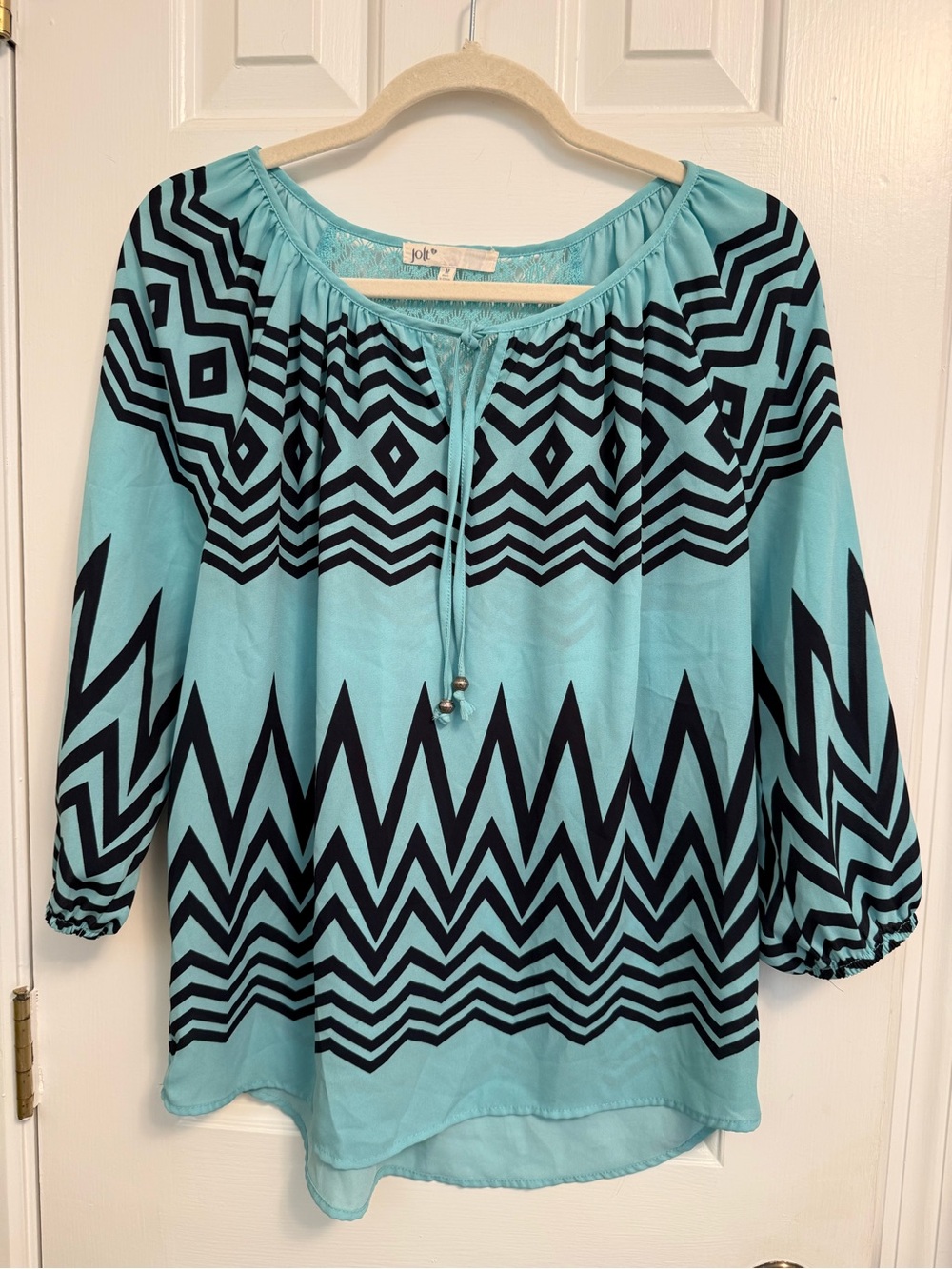 Jolt Aqua & Black Geometric Peasant Top